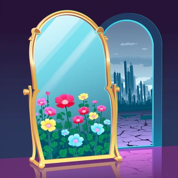 A large, ornate mirror with a golden frame stands prominently in a dimly lit room. The glass surface reflects an alternate garden filled with vibrant flowers in bright hues of red, yellow, and blue. Lush green foliage surrounds the colorful blooms, creating a scene teeming with life and energy. In stark contrast, the mirror also reflects a barren landscape outside the room, showcasing cracked earth and sparse vegetation under a gloomy sky. The juxtaposition of the flourishing garden and the desolate environment creates a striking visual impact.