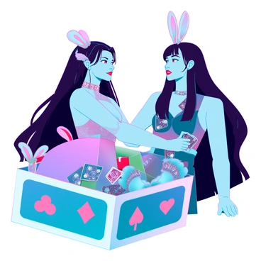 A magician's assistant with long black hair and a sparkling silver costume is subtly reaching into a box on the stage. She is glancing sideways at the magician, who is focused on the audience while performing a card trick. The box is filled with colorful and mysterious props, including a large plush rabbit and a deck of cards. She is carefully pulling out a different deck of cards, ensuring her movements are hidden from the audience's view. The stage is brightly lit, with dramatic shadows enhancing the tension of the moment. The assistant's expression shows determination and cunning as she plots to foil the trick.