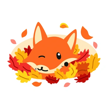 A fox face with bright orange fur is nestled among a carpet of falling autumn leaves. The leaves are in rich shades of red, gold, and burnt orange, creating a vibrant backdrop. The fox's eyes are alert and expressive, peeking through the colorful foliage. The scene captures the essence of autumn with the leaves gently swirling around the fox, adding a dynamic feel to the composition.