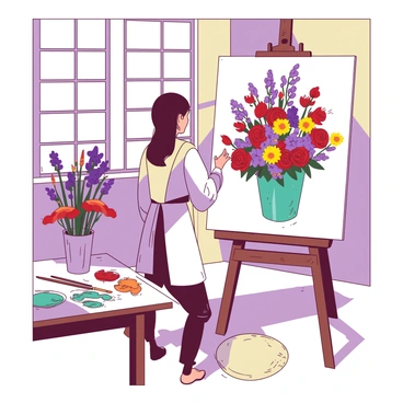 An artist is standing in a sunlit studio, focused on a canvas where they are painting a vibrant bouquet of medieval flowers. The bouquet consists of various colorful flowers, including deep red roses, bright yellow daisies, and purple irises. There are paintbrushes scattered across a nearby wooden table, with a palette of colors including teal and orange. Sunlight streams through a large window, casting soft shadows on the floor and illuminating the flowers in the vase. The artist is wearing a white apron splattered with paint, and their easel holds the canvas at an angle, showcasing the colorful work in progress.