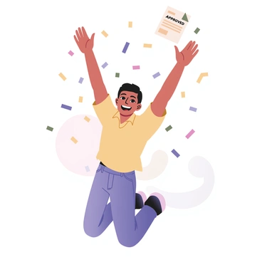 A person is leaping into the air with a big smile, expressing joy and excitement. The individual has medium skin and short black hair, wearing a bright yellow shirt and blue jeans. Their arms are raised high above their head, and colorful confetti is falling around them, creating a festive atmosphere. In one hand, they are holding an approval letter with the words "Loan Approved" visible. The background consists of soft pastel colors, enhancing the feeling of happiness.