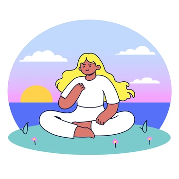 A woman sitting cross-legged on a grassy hilltop, her eyes closed in concentration. She has long flowing hair and is wearing a simple white dress. The early morning light casts a soft golden glow around her, highlighting her relaxed posture. In the background, the sky transitions from deep blue to lighter shades of orange and pink as the sun begins to rise. Light wisps of clouds are scattered across the horizon. The hilltop is dotted with a few small wildflowers, adding subtle color to the scene.