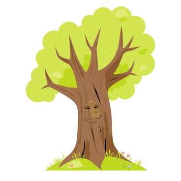 An ancient tree with a thick, gnarled trunk featuring a face carved into it, displaying wise and weathered features. The tree is surrounded by soft, glowing lights that illuminate the area, creating a magical atmosphere. The leaves of the tree are lush and green, with some branches extending outward. The ground has patches of grass and small wildflowers, adding to the enchanting scene.