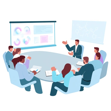 A group of employees is seated around a large, oval conference table in a modern conference room. The trainer, standing in front of a large screen displaying a presentation, gestures animatedly while speaking. The employees are focused, some taking notes on laptops, while others have notepads in front of them. The conference room features large windows that allow natural light to flood in, illuminating the space. Sleek, contemporary furniture complements the professional atmosphere. A whiteboard filled with diagrams is visible in the background.