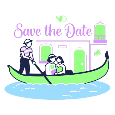 A gondola is gliding smoothly across a canal, surrounded by quaint buildings with balconies and decorative features. In the gondola, a couple is sitting closely together, smiling and enjoying the serene atmosphere. The gondolier, wearing a traditional striped shirt and straw hat, is expertly navigating the water. Above the water, the phrase "Save the Date" is elegantly floating on the surface of the canal, its letters clearly visible. The scene captures the warmth of the moment with soft details that enhance the romantic setting.