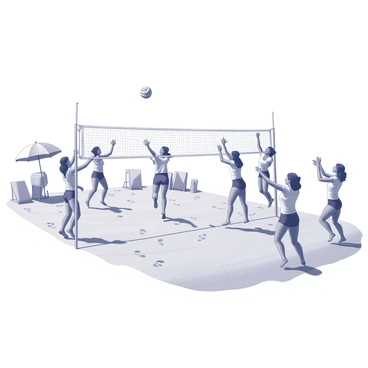 A group of women playing an energetic game of volleyball on a sunny beach