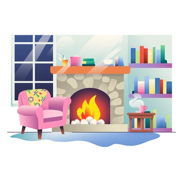 A cozy room features a crackling fireplace with bright flames, casting a warm glow across the scene. The fireplace has a rustic stone surround, with a wooden mantel adorned with decorative items. A comfortable armchair with a patterned fabric sits next to the fireplace, alongside a small wooden side table that holds a steaming cup of tea. A soft, plush rug lies on the floor, and bookshelves filled with various books line the walls. The room is softly illuminated, creating a welcoming atmosphere. A window shows dark night outside, contrasting with the warmth of the interior.