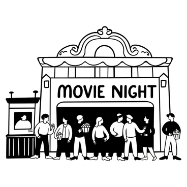 A group of people standing in a line outside an old-fashioned cinema, with a marquee displaying the words "Movie Night" prominently. The building features an ornate facade with classic architectural details. Some individuals are holding popcorn buckets, while others are chatting excitedly. A vintage ticket booth is visible to one side, adding to the nostalgic ambiance. The scene captures the anticipation of the night ahead.