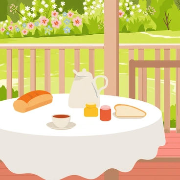 A wooden porch with a round table set for breakfast, adorned with a white tablecloth. On the table, there is a porcelain teapot filled with steaming tea and two matching cups beside it. A small jar of homemade marmalade is placed next to a fresh loaf of bread sliced open. In the background, a lush garden filled with blooming flowers and greenery stretches out, visible through the railing of the porch. Sunlight casts gentle shadows, creating a warm and inviting atmosphere.