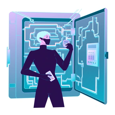 A futuristic thief with short silver hair and a sleek, form-fitting black suit is stealthily navigating through a high-tech vault. The vault features glowing blue circuitry and a complex security system with laser beams crisscrossing the room. The thief is using advanced gadgets; one hand holds a small device emitting a holographic interface to disable security alarms, while the other is accessing a high-tech safe with a digital keypad. Shadows dance across the metallic surfaces as the thief's focused expression reveals determination and skill in this high-stakes heist.