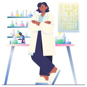 A confident female scientist with medium skin and short black hair is standing proudly in a laboratory. She is wearing a white lab coat over a light blue blouse and black pants. Her arms are crossed over her chest, and she has a slight smile on her face. Surrounding her are various pieces of chemistry equipment, including beakers filled with colorful liquids, a microscope on the table, and a periodic table poster on the wall. The laboratory is well-lit, and there are shelves filled with chemical bottles in the background.