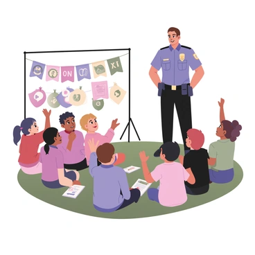 A police officer standing in front of a group of children at a community safety event. The officer has short brown hair and is wearing a blue uniform with a badge and a utility belt. The children, a diverse group of boys and girls, are seated on a grassy area, eagerly listening. Some children are raising their hands to ask questions, while others are holding small notebooks and crayons. There are colorful banners in the background with the words "Community Safety Day" and cartoon images of safety symbols. The atmosphere is lively, with bright sunshine and a clear blue sky enhancing the cheerful vibe of the event.