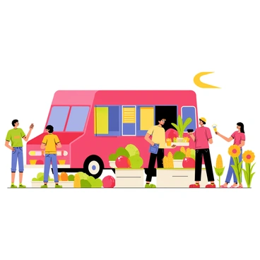 A colorful food truck with a bright red exterior parked at a farmers market. The truck has large windows displaying a menu in vibrant colors. Surrounding the food truck are various stalls filled with fresh produce, including green leafy vegetables, bright red tomatoes, and yellow corn. There are bouquets of flowers in a range of colors, including sunflowers and daisies, arranged neatly on tables nearby. Shoppers are seen interacting with vendors and examining the fresh goods. The atmosphere is lively with people enjoying the sunny day.