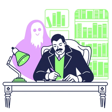 A Victorian gentleman is seated at a large, ornate wooden desk in his study. He has a neatly trimmed mustache and is dressed in a tailored dark suit with a waistcoat. In his hand, he holds a quill pen, poised over a piece of parchment on the desk. Bookshelves filled with leather-bound books line the walls behind him. A ghostly figure, translucent and hazy, hovers just behind his shoulder, looking down at the parchment. The ghost has an ethereal quality, with indistinct features and flowing attire, adding an air of mystery to the scene. A soft, dim light emanates from a vintage lamp on the desk, illuminating the gentleman's focused expression.