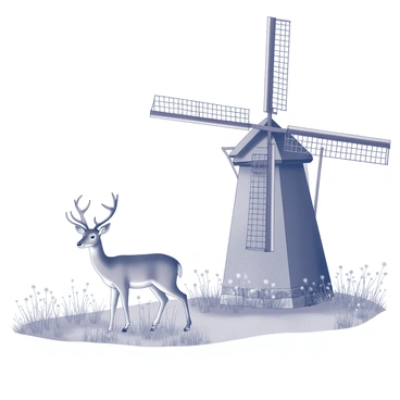 A roe deer standing in a natural setting. The deer is positioned gracefully, with its ears perked up and alert. Nearby, a traditional windmill towers, featuring large wooden blades and a thatched roof. The windmill's structure is detailed, showcasing the wooden beams and stone base. Surrounding the scene are tall grasses and wildflowers swaying gently in the breeze. The sky above is clear, contributing to the tranquil atmosphere of the setting.