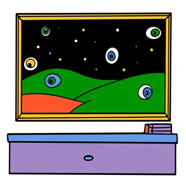 A large painting on a wall depicting a mysterious landscape filled with vibrant colors. The painting features several eyes interspersed throughout the scene, each one appearing to follow the viewer as they move around the room. The eyes are varied in size and color, with some being bright blue and others a deep green. The background consists of rolling hills and a dark sky filled with stars, enhancing the sense of intrigue that the eyes create. The painting is framed in an ornate golden frame, adding to its visual impact.