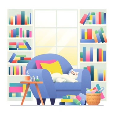 A cozy reading nook is nestled in a corner of a sunlit room. A large, plush armchair with patterned fabric is positioned near a window, inviting relaxation. The armchair is adorned with several colorful throw pillows. A fluffy white cat is sprawled comfortably across the armchair, its soft fur catching the sunlight. Surrounding the nook are wooden bookshelves filled with an array of books, some stacked horizontally and others vertically. A small wooden side table next to the armchair holds a steaming mug of tea and a pair of reading glasses. A woven basket on the floor holds extra blankets, adding to the warmth of the space.