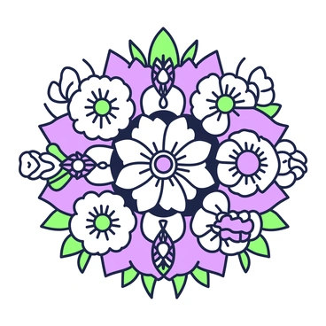 A circular tattoo design is centered around a mandala made up of various flowers. The flowers include daisies, roses, and lotus blooms, each intricately detailed with delicate petals and leaves. The petals are layered symmetrically around the center of the design, creating a harmonious pattern. Each flower is distinct, showcasing its unique features, such as the texture of the petals and the arrangement of leaves. The overall composition features a balanced and repeating pattern, emphasizing the circular shape of the tattoo.