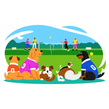 A group of cute dogs sitting on the sidelines of a pickleball game. Each dog is wearing a unique, colorful jersey with different numbers on them. The dogs display a variety of breeds, including a fluffy golden retriever, a small dachshund, and a playful beagle. They are attentively watching the game, with their ears perked up and tails wagging. The scene captures the energy of the game, with players in the background actively engaged, and a bright sunny sky overhead. A few tennis balls are scattered around, adding to the lively atmosphere.