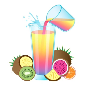 A vibrant glass filled with refreshing tropical punch, the liquid a mix of bright yellow, orange, and pink hues. The punch is being poured from a glass pitcher, creating splashes as it fills the glass. Surrounding the glass are a variety of tropical fruits, including slices of pineapple, kiwi, and orange, along with whole coconuts and a few radiant dragon fruit. The fruits are arranged artfully around the glass, highlighting their rich colors and textures. The background is a soft gradient that enhances the tropical theme.