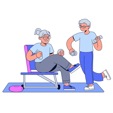 An older adult with gray hair and glasses is seated on a weight bench, focusing intently on the exercise. The individual is wearing a light blue t-shirt and comfortable gray pants. In each hand, they hold a small, light weight, positioning their arms at shoulder height. A fitness instructor is nearby, offering encouragement and guidance. The surroundings feature simple gym equipment and exercise mats, creating a vibrant and active atmosphere suitable for a senior fitness class.