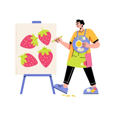 An artist with a round palette in one hand and a paintbrush in the other, is standing in front of a large white canvas. The canvas is filled with vivid red strawberries, each berry detailed with green leaves and small white flowers. The artist is wearing a colorful smock and has a focused expression while mixing bright colors on the palette. A few splatters of paint are visible on the floor around the easel, adding to the creative atmosphere.