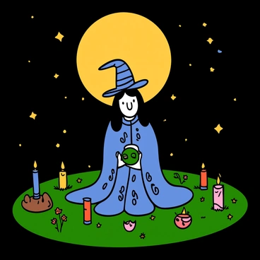 A solitary witch with pale skin and long black hair is performing a ritual under the bright full moon. She is wearing flowing robes that shimmer in the moonlight, with intricate patterns adorning the fabric. The scene is illuminated by the moon, creating soft shadows around her. Surrounding her are various mystical objects, such as candles, herbs, and a crystal ball, arranged in a circle. The ground is covered in soft grass and small flowers, and the night sky is filled with scattered stars.