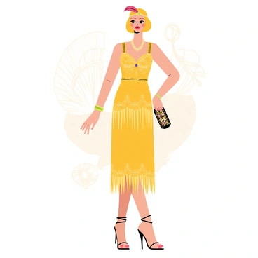 A vintage-inspired fashion illustration featuring a 1920s flapper dress. The dress is adorned with intricate beadwork and fringe, showcasing a shimmering gold color. The figure wears a stylish bob haircut with a feathered headband, and she has bold red lipstick. She stands confidently with one hand on her hip, surrounded by art deco patterns in the background. Her shoes are classic T-strap heels, and she carries a small clutch adorned with sequins.