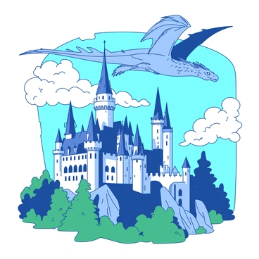 A fairy tale scene with a majestic castle and a dragon in the sky, styled by Steve Ash