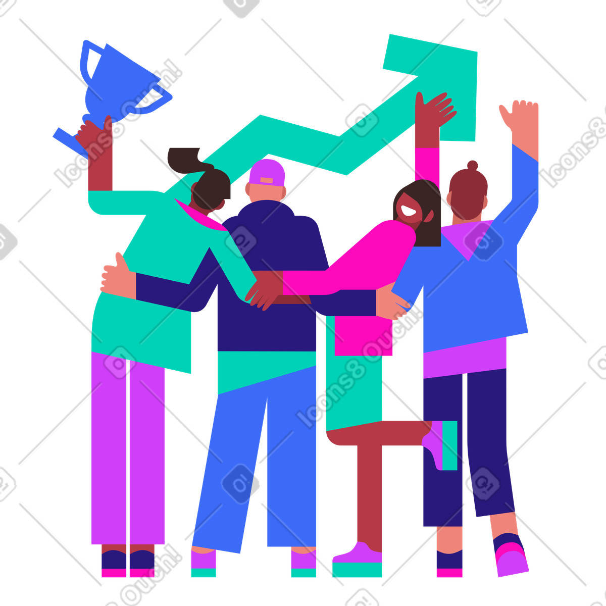 Corporate team members hugging and celebrating success illustration in Basic style download in PNG, SVG