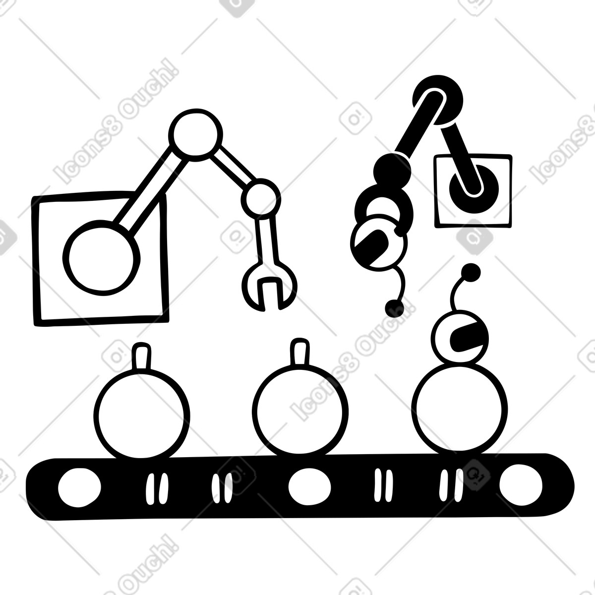 Illustration Système de convoyeur robotisé/chaîne d'assemblage dans le style Journal à télécharger aux formats PNG, SVG
