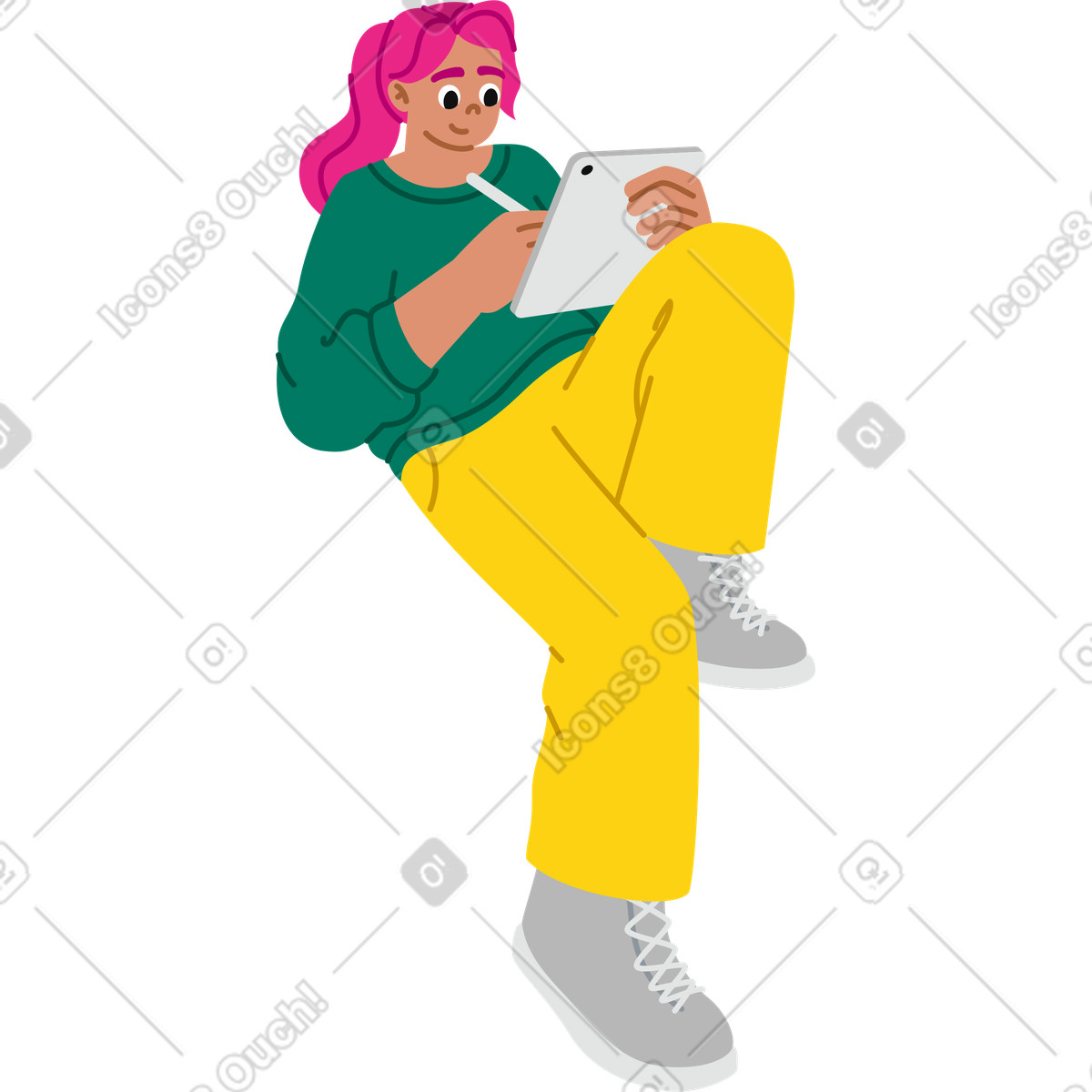 下载 Active 风格的 在平板电脑上画画的年轻女子 插画，支持 PNG、SVG 格式