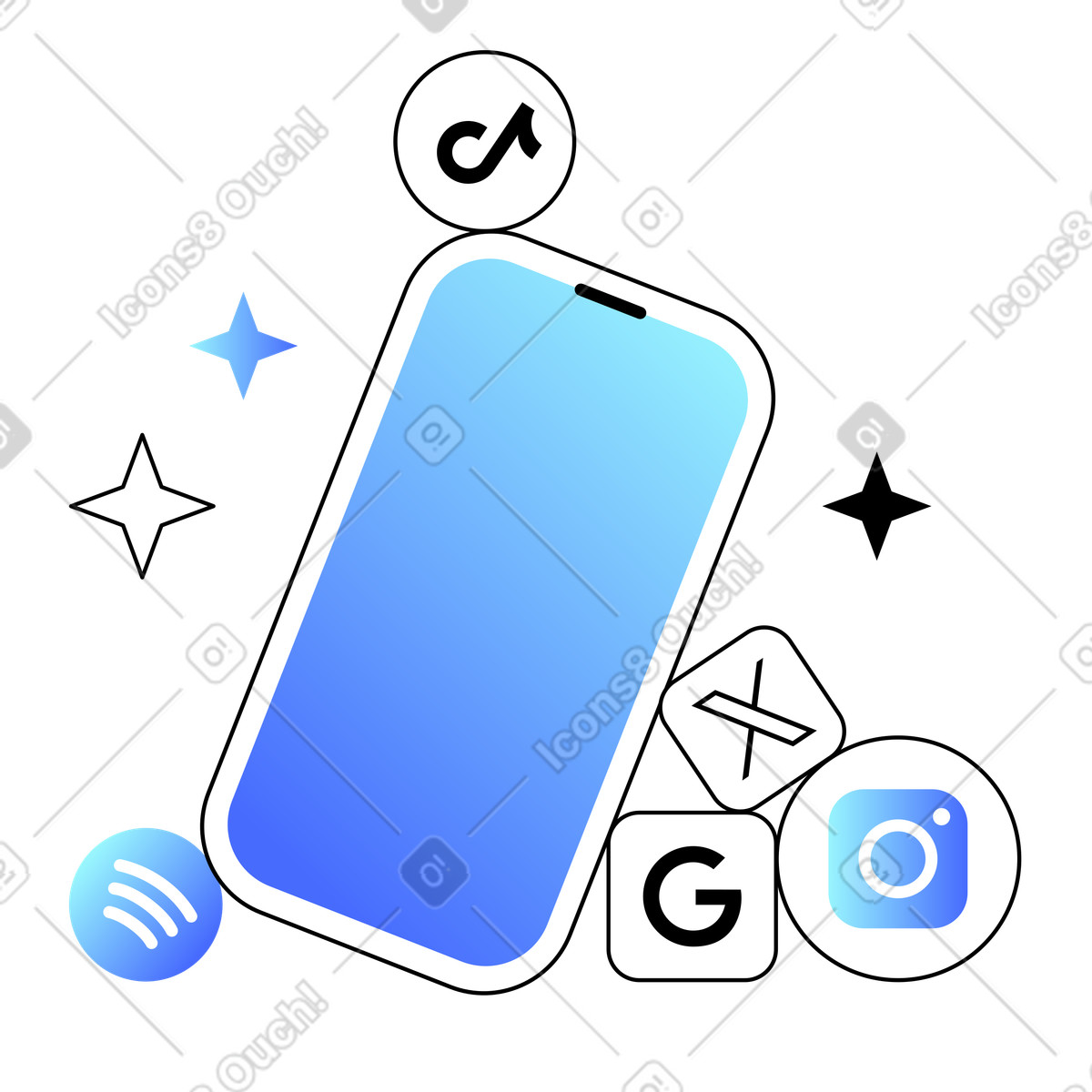 Smartphone con icone di app mobili illustrazione in stile Azure scarica in PNG, SVG