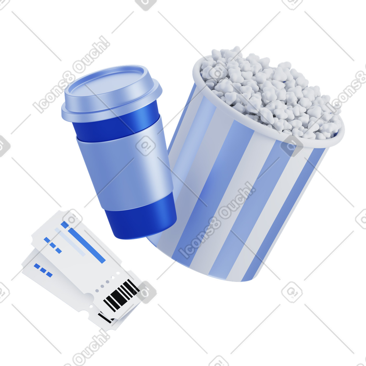Ilustração animada de Pipoca, bebida em copo de papel e ingressos de cinema em GIF, Lottie (JSON), AE