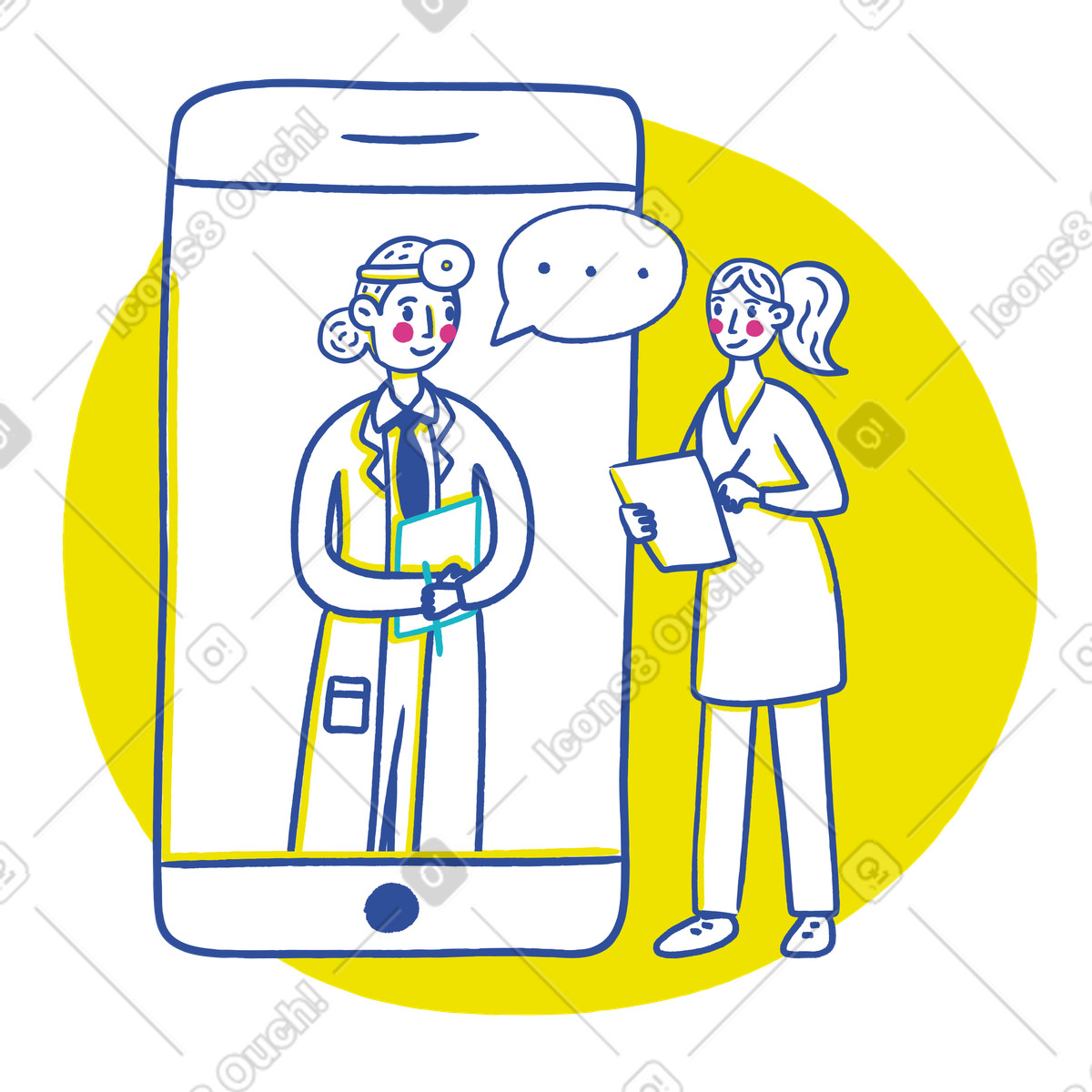Illustration Online consultation with a doctor by phone dans le style Lime à télécharger aux formats PNG, SVG