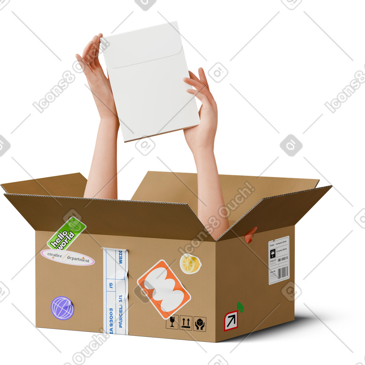 Hands holding package from the box-Illustration im 3D Hygge-Stil als Download in PNG, SVG
