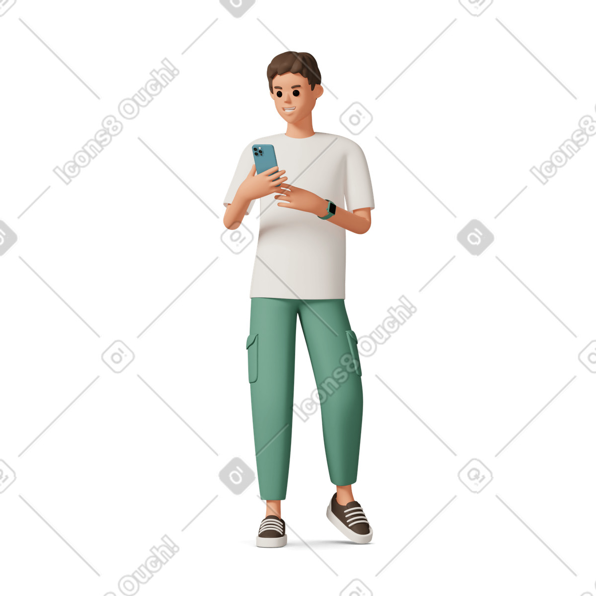 Young man holding blue smartphone illustration in 3D Casual life style download in PNG, SVG