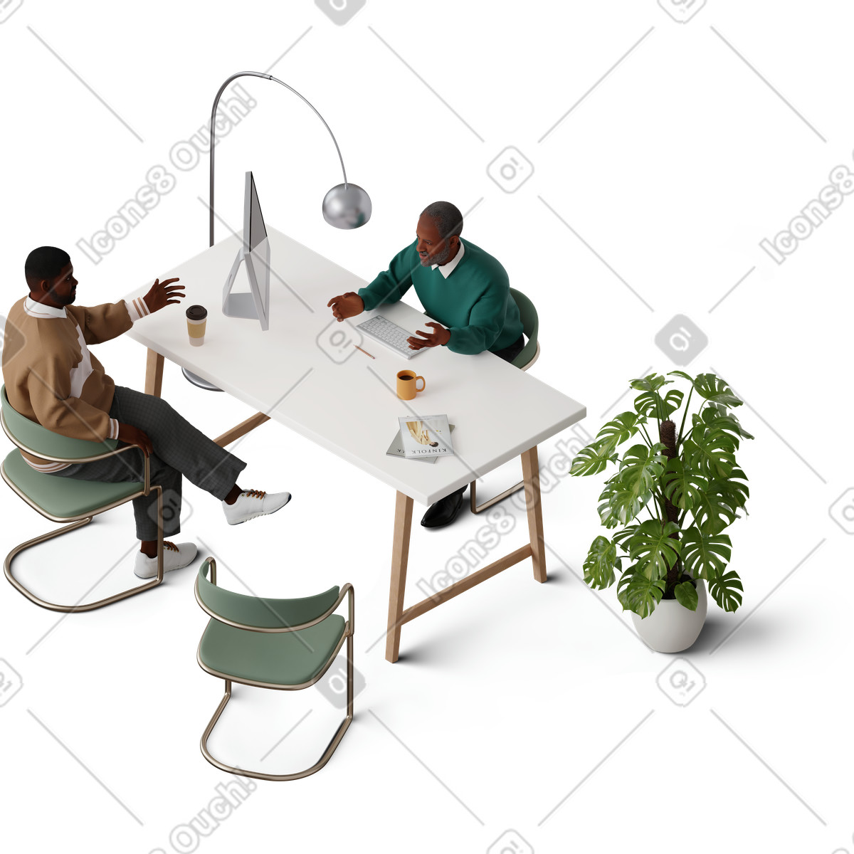 Isometric view of men having meeting illustration in 3D Hygge style download in PNG, SVG