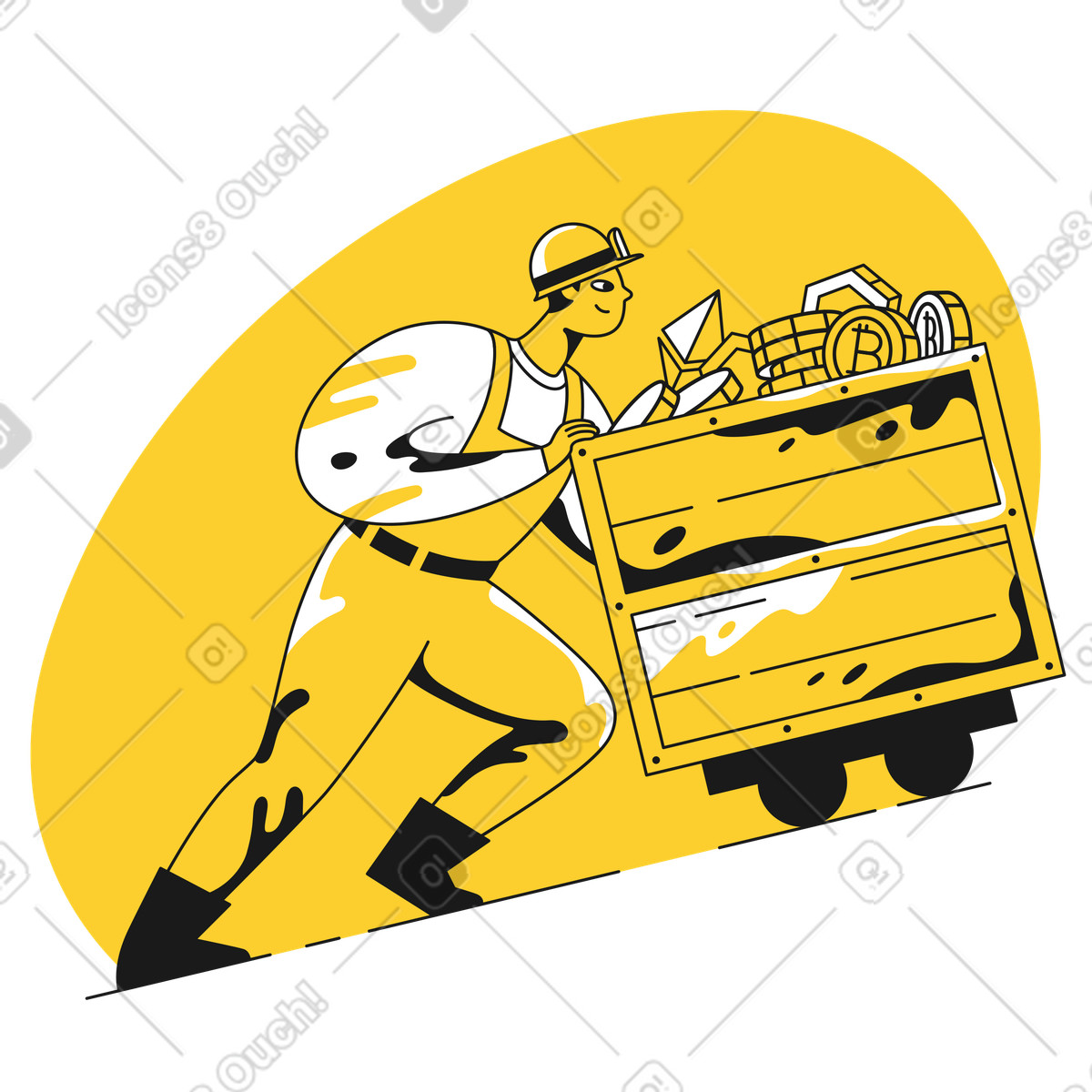 Il minatore spinge una carrozza da miniera con la crittografia illustrazione in stile Taxi scarica in PNG, SVG