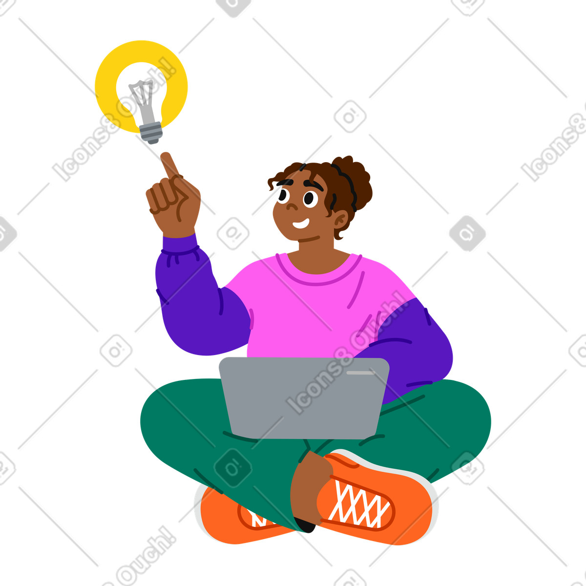 Ilustración animada Freelancer sitting with laptop and pointing at idea bulb, creativity brainstorming en estilo Active a descargar en GIF, Lottie (JSON), AE