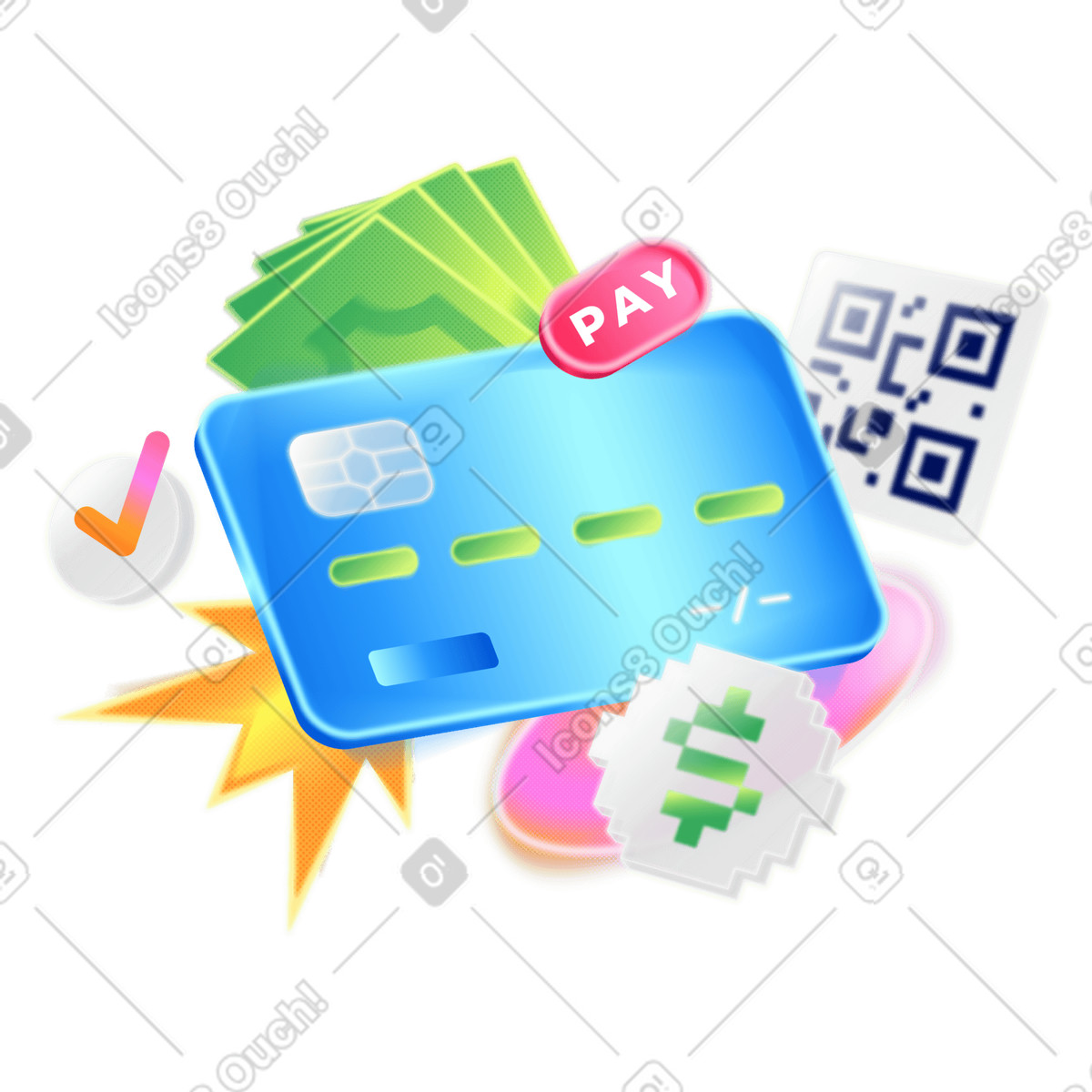 Payment methods: cash, card, qr code  illustration in PNG, SVG