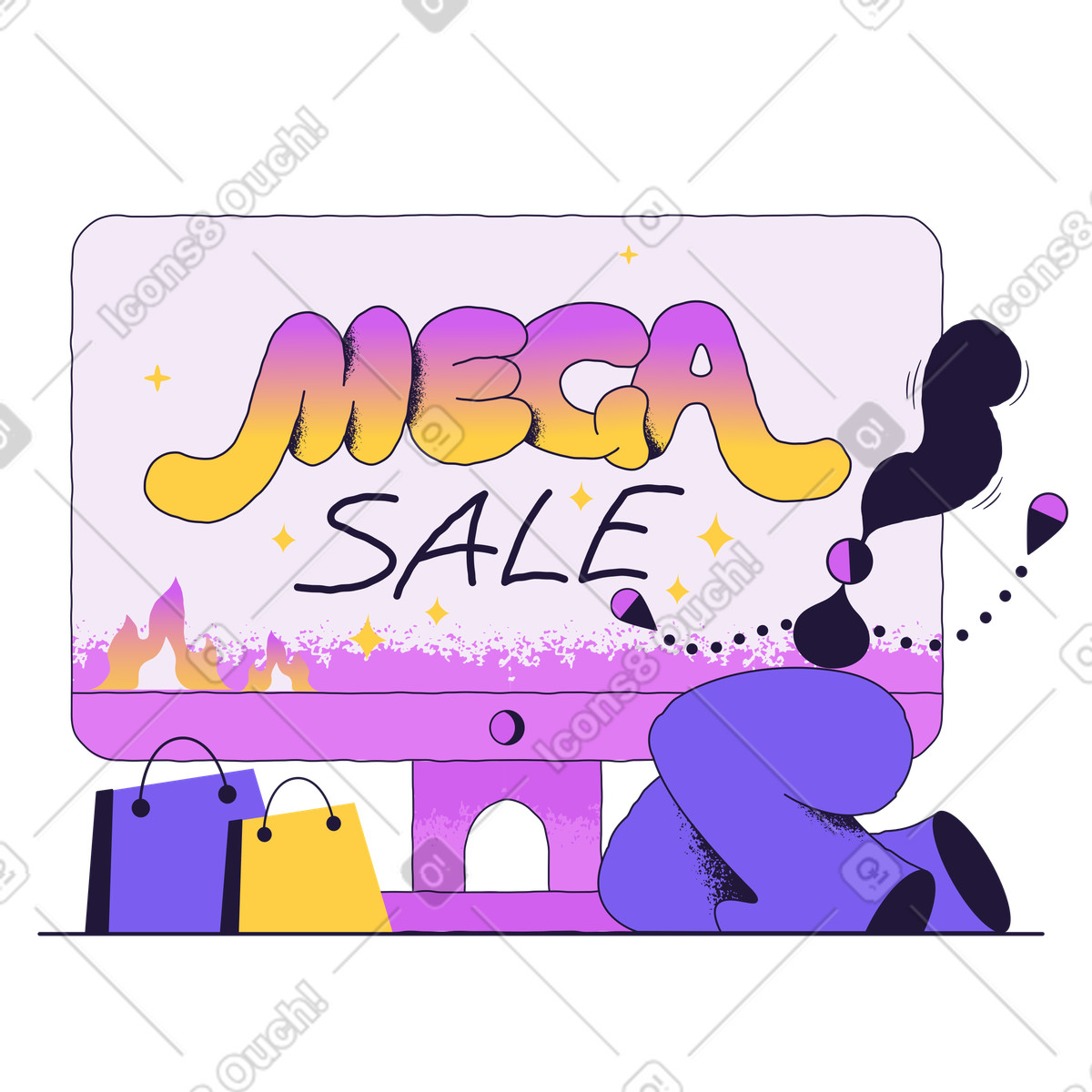 Mega sale lettering on a big monitor illustration in Conifer style download in PNG, SVG
