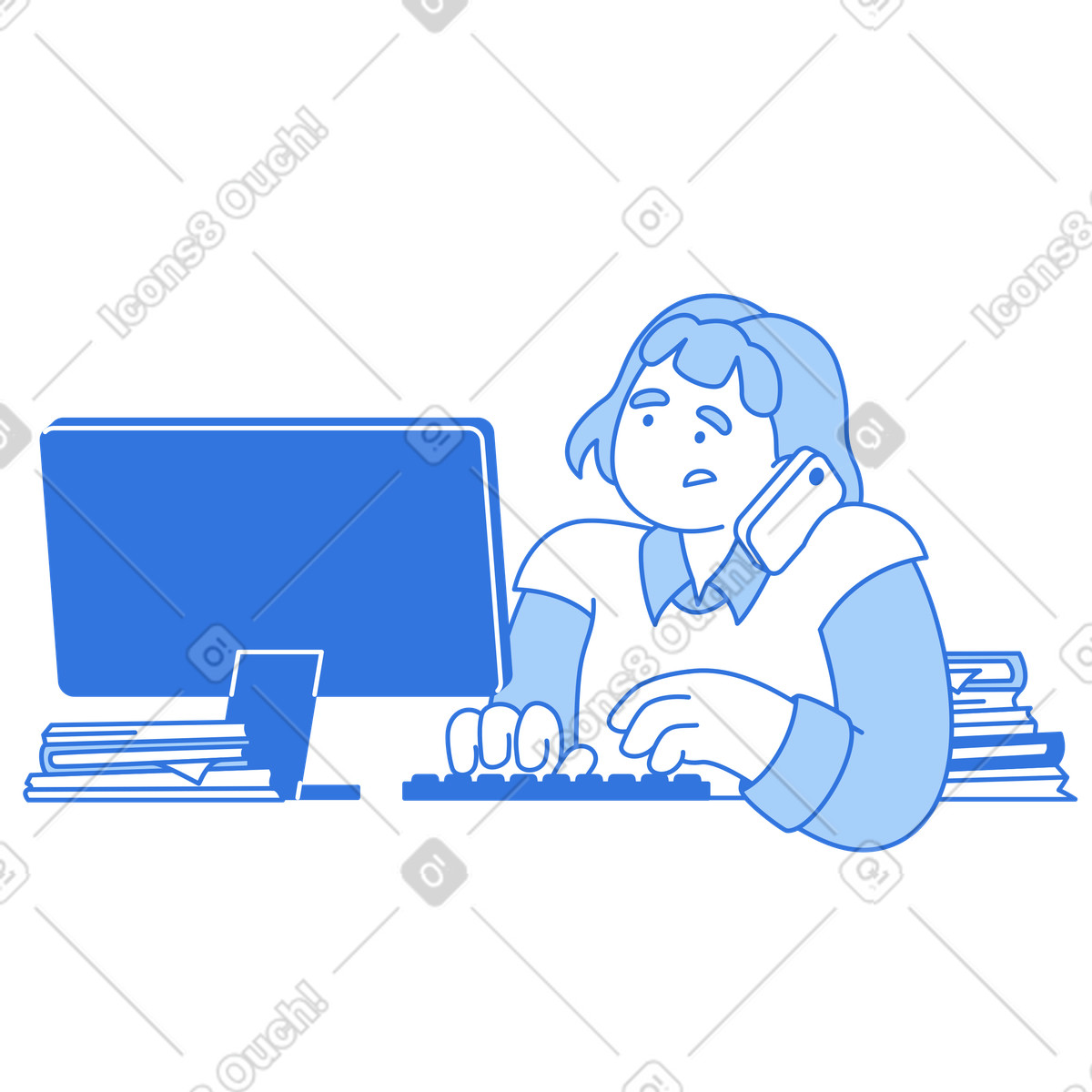 Busy employee typing and talking on phone, Productivity multitasking struggles-Illustration im Sky-Stil als Download in PNG, SVG