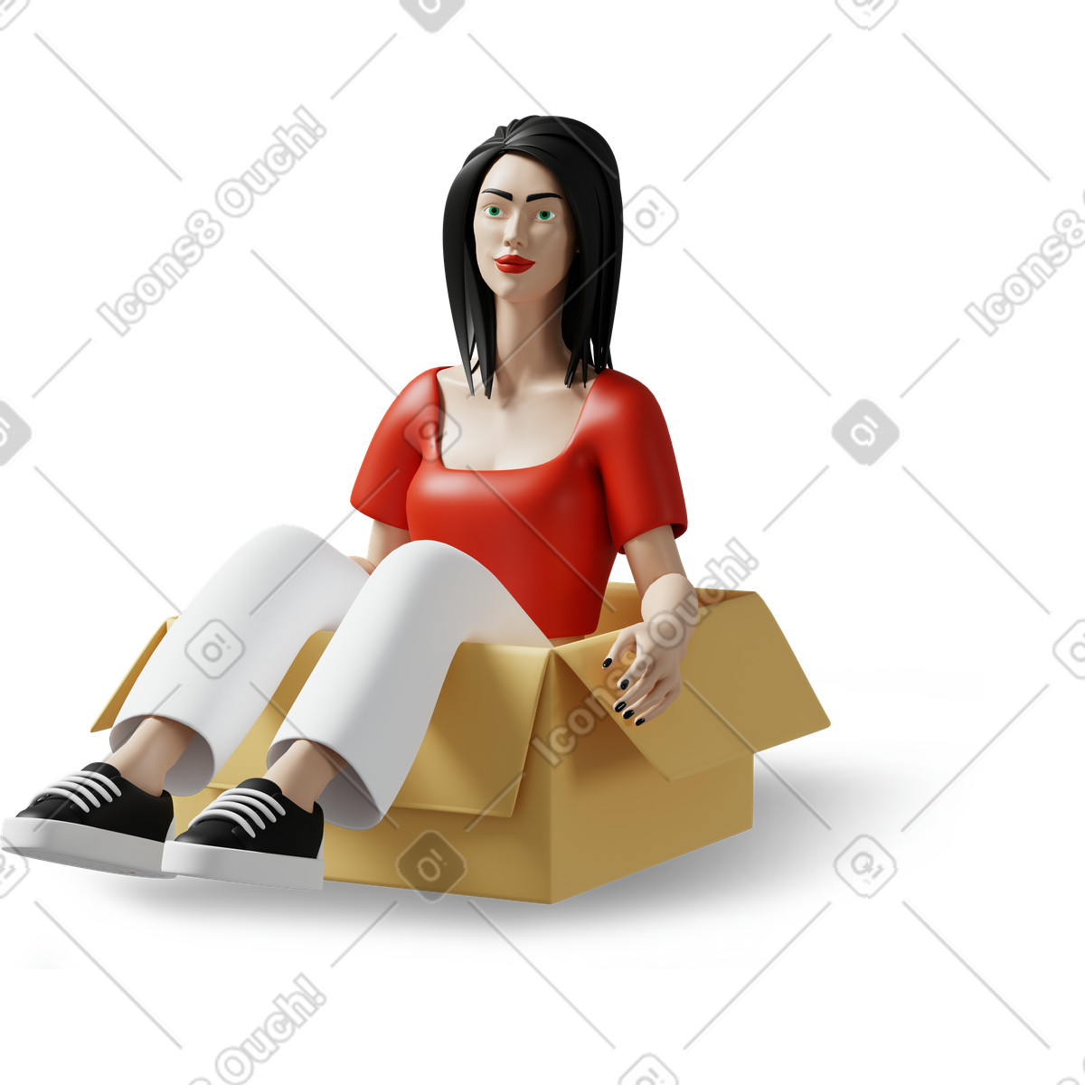 下载 3D Plastic people 风格的 纸板箱里的女人 插画，支持 PNG、SVG 格式