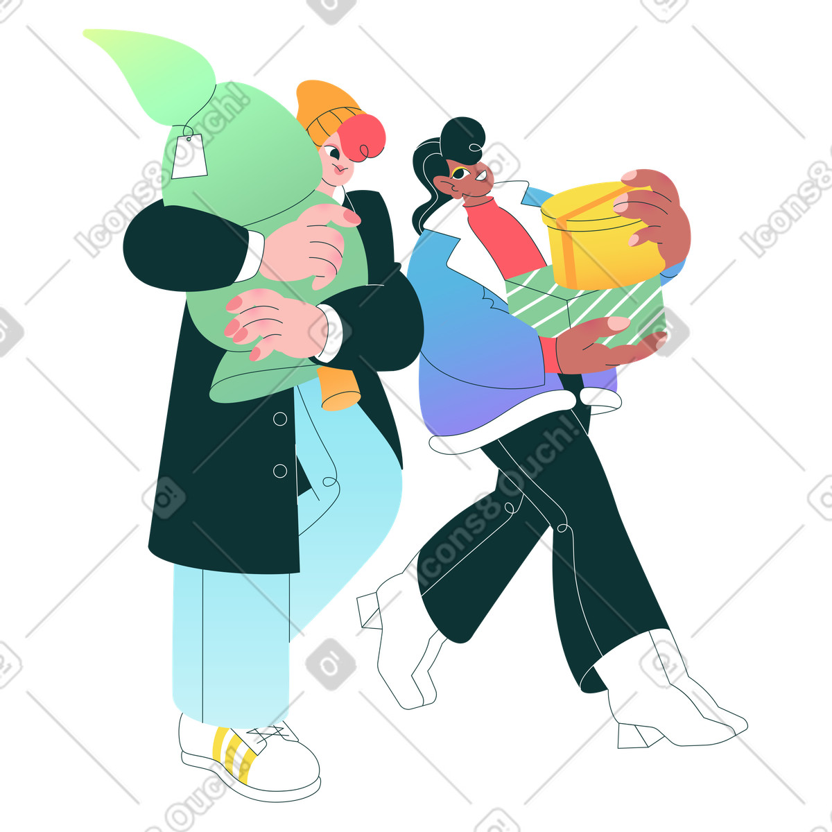 Illustration Friends carrying Christmas tree and gift boxes, Winter holiday shopping dans le style Florid à télécharger aux formats PNG, SVG