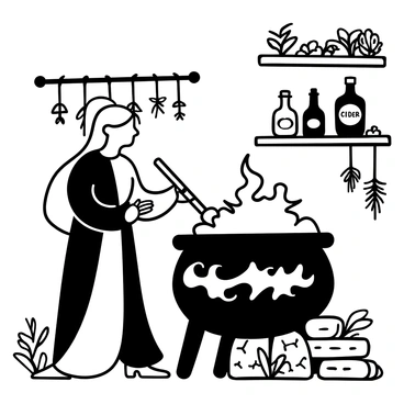 A witch wearing a long flowing robe stands beside a large bubbling cauldron. The cauldron emits wisps of steam as she stirs it with a wooden spoon. On a nearby shelf, there are several bottles labeled "Fire Cider," each with unique shapes and sizes. The shelf is made of aged wood, and various herbs hang from hooks above it. The witch's long hair cascades down her back, and various magical ingredients are scattered around her workspace.
