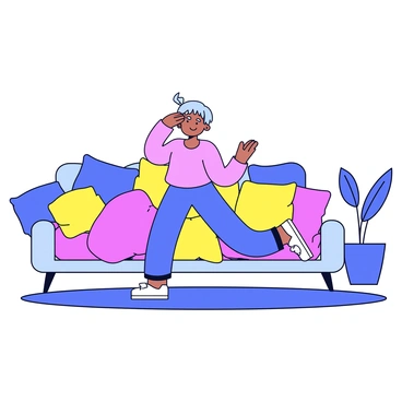 A person with short hair is sitting on a large pile of soft, colorful cushions. The cushions are in varying shades of blue, pink, and yellow, creating a cozy setting. The person is wearing comfortable workout clothes and is in a focus pose, demonstrating pelvic floor exercises. The background features a simple living room with minimalistic decor, including a small indoor plant on the side and a soft rug beneath the cushions.