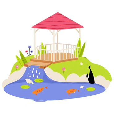 A small gazebo with a triangular roof made of red tiles stands on a wooden platform. The structure features white railings and is surrounded by lush green plants and colorful flowers. Below the gazebo, there is a beautifully designed koi pond with clear blue water. The pond is filled with orange, white, and black koi fish swimming gracefully. Lily pads float on the surface, and a small waterfall cascades into the pond, creating gentle ripples in the water. The scene is vibrant and inviting, showcasing a tranquil outdoor space.
