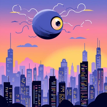 A large, spherical "beholder" with multiple eyestalks is floating high above a "futuristic city skyline" during "dusk". The city is filled with "tall, sleek skyscrapers" that are illuminated by "neon lights" in various colors, creating a vibrant atmosphere. The sky transitions from "orange to deep blue", with scattered clouds reflecting the sunset colors. The beholder's "large central eye" is looking downward, and its eyestalks are variably positioned, casting intriguing shadows on the buildings below.