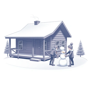 A cabin made of wood with a slanted roof, nestled in a snowy landscape. The cabin has a front porch with a few steps leading up to the door. Smoke gently rises from the chimney, indicating warmth inside. Outside, two children are engaged in building a snowman. One child is rolling a large snowball, while the other adds smaller snowballs on top to form the snowman's body. The children are dressed warmly in winter clothing, including hats and mittens. Snow blankets the ground, and a few evergreen trees are visible in the background, enhancing the winter scene.